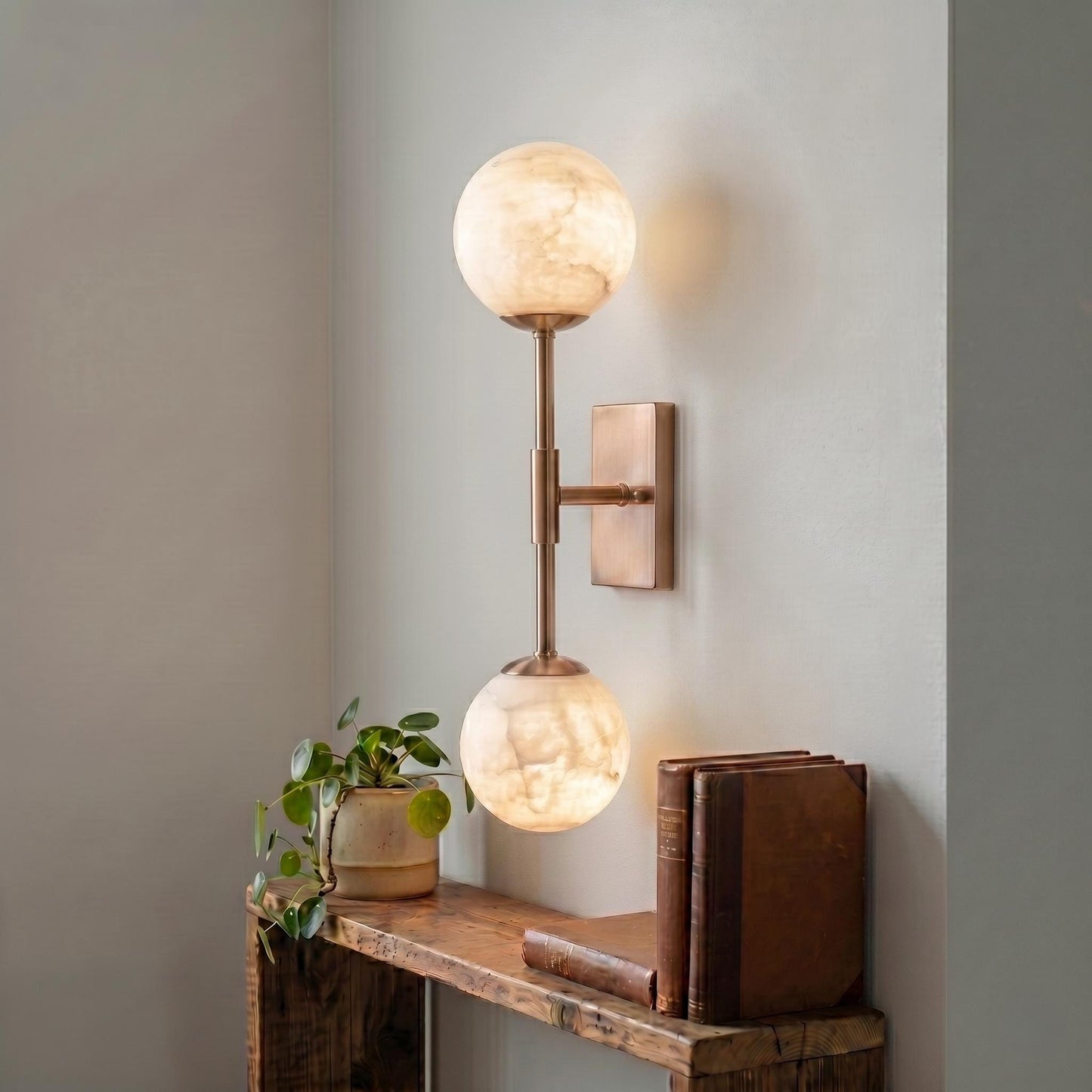 Alabaster Globe Wall Sconce, Double Brass Wall Light, Luxury Bathroom Vanity Light, Modern Stone Wall Fixture