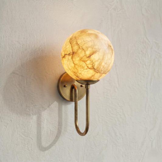 Alabaster Globe Wall Sconce, Brass Wall Lamp, Modern Bathroom Vanity Light, Natural Stone Globe Light, Luxury Bedroom Wall Fixture