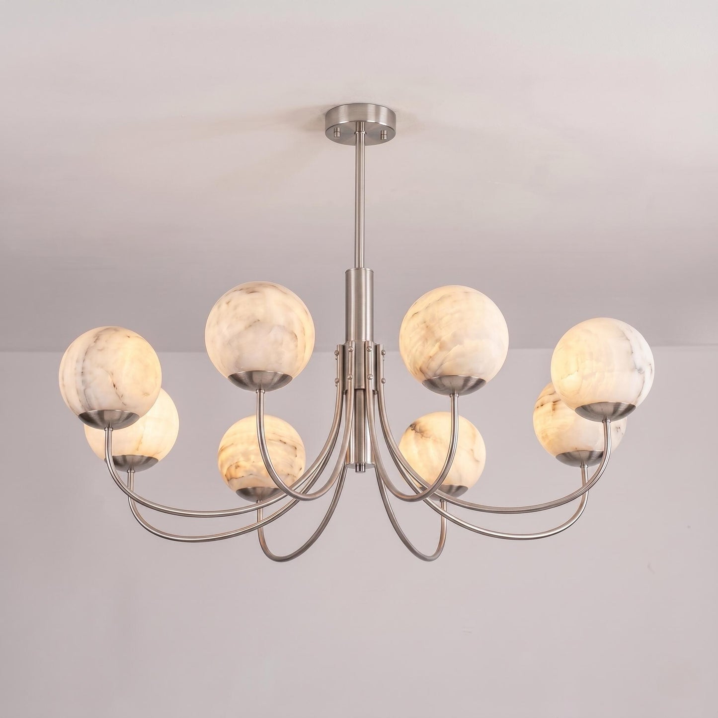 Natural Alabaster Globe Chandelier | 8 Light Brass Chandelier | Custom Finish Ceiling Light | Luxury Dining Room Lighting