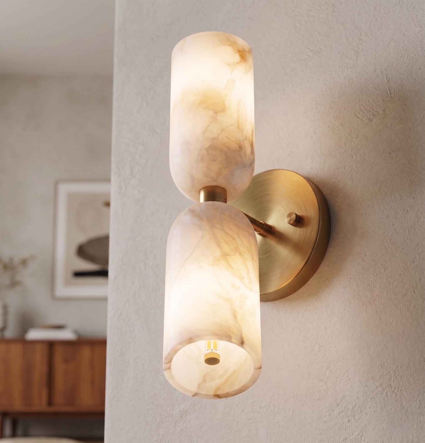 Alabaster Stone Double Cylinder Marble Sconce – Solid Brass Wall Light, Alabaster Shade Lamp