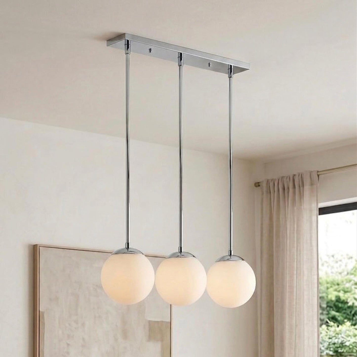 3 Globe Brass Pendant Light | Linear Chandelier, Frosted Glass, Mid Century Ceiling Fixture