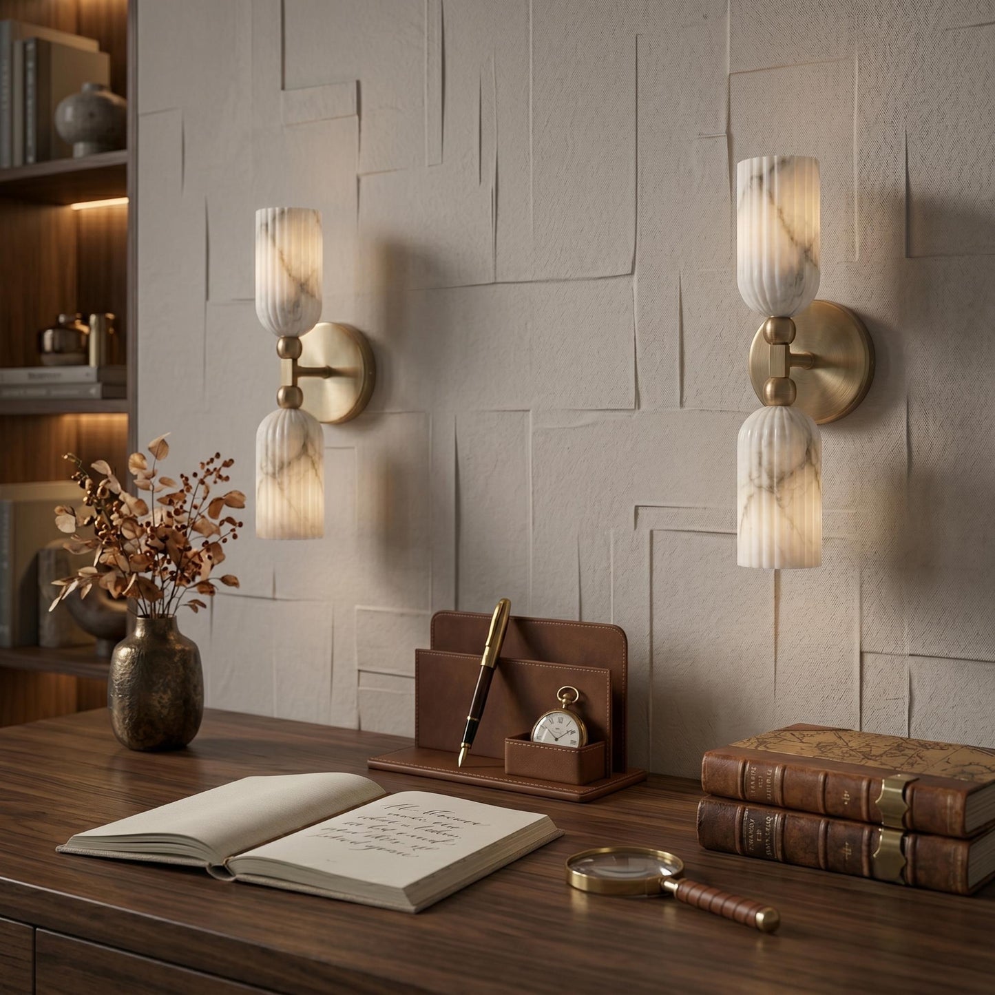 Fluted Alabaster Wall Sconce, Brass Wall Lamp, Modern Bathroom Vanity Light, Natural Stone Wall Fixture, Luxury Bedroom Sconce