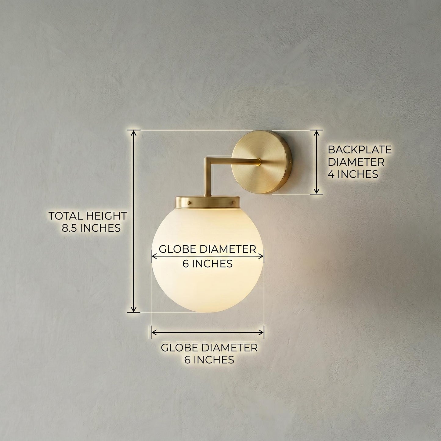 Modern Brass Wall Sconce, 6 Inch Opal Glass Globe Light, Minimalist Vanity Lamp