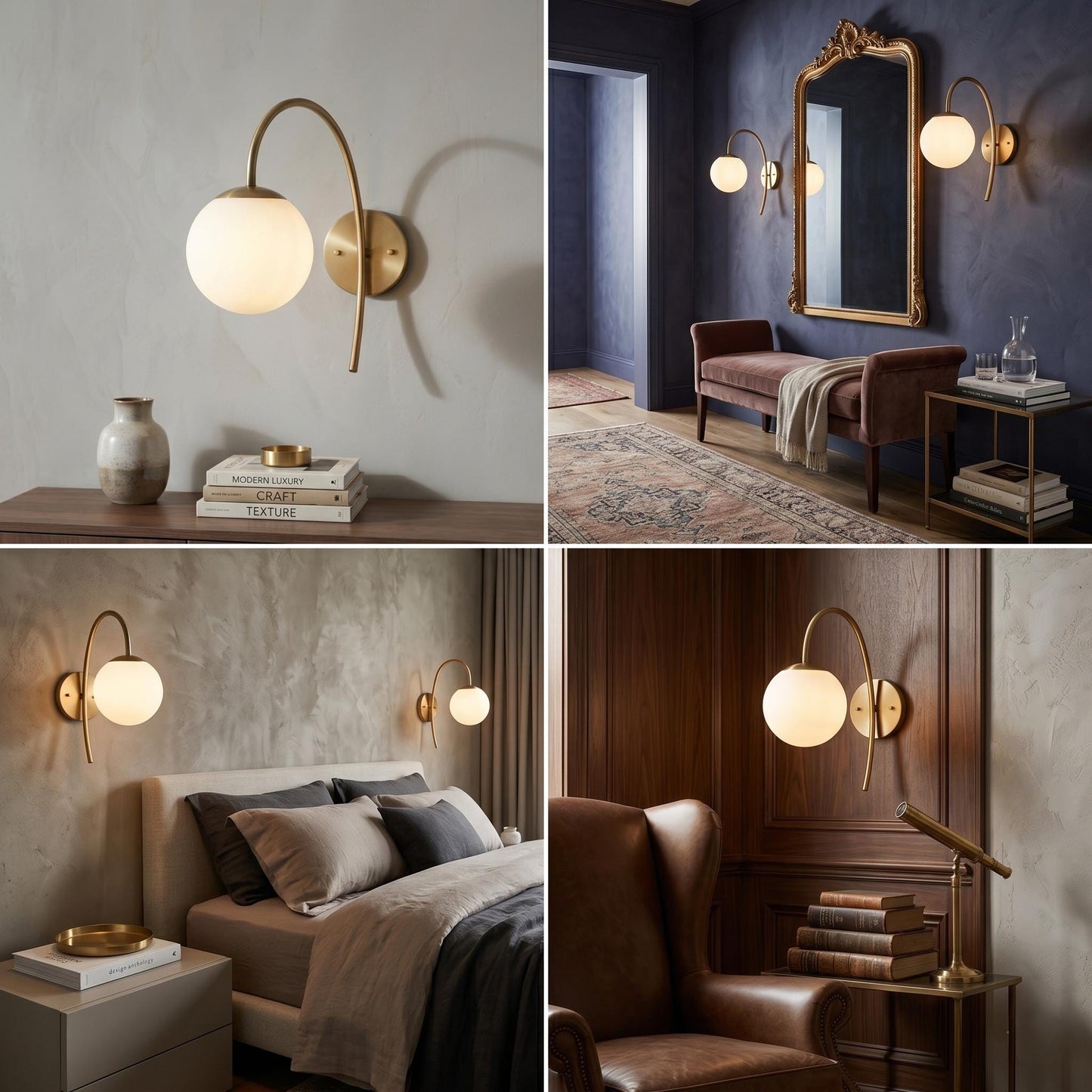 Arched Brass Wall Sconce, Opal Globe Light, Mid Century Arched Lamp, Bedside Lighting