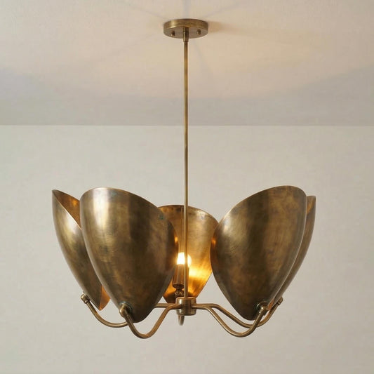 Handcrafted Brass Petal Chandelier – Sculptural Gold Ceiling Light, Mid Century Modern Fixture