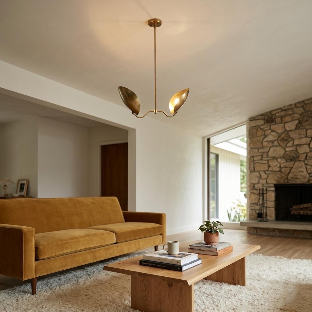 Mid Century Brass Lily Chandelier – 2 Light Sculptural Pendant Light
