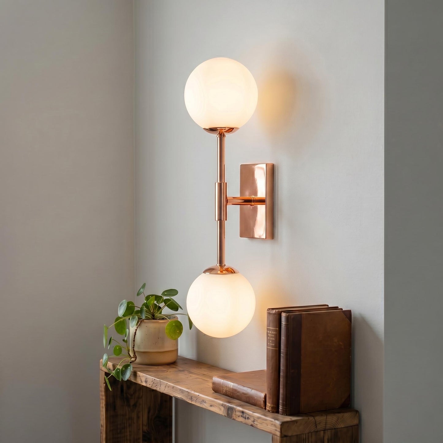 Minimal Brass Double Globe Sconce, Vertical Mid Century Wall Lamp, Luxury Lighting