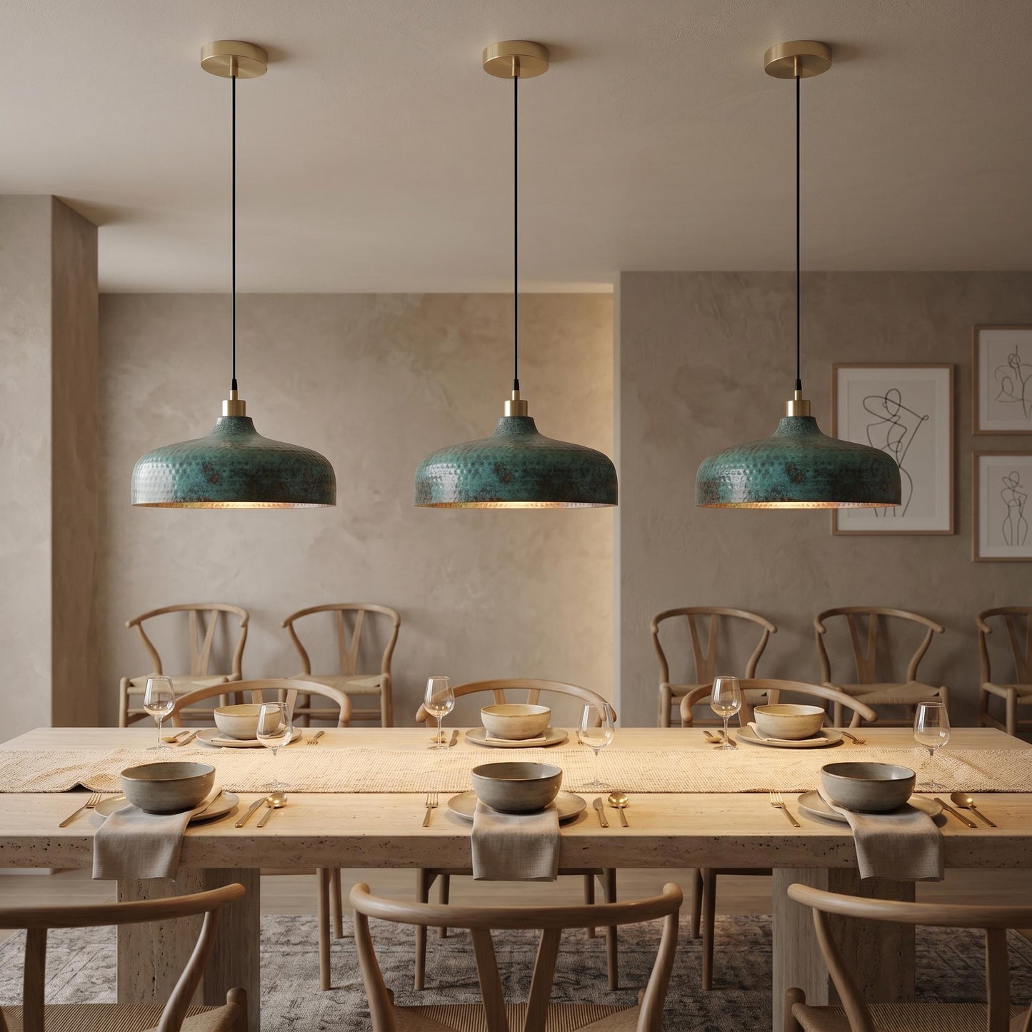 Verdigris Copper Pendant Light, Hammered Dome Ceiling Light, Green Patina Hanging Lamp 16"