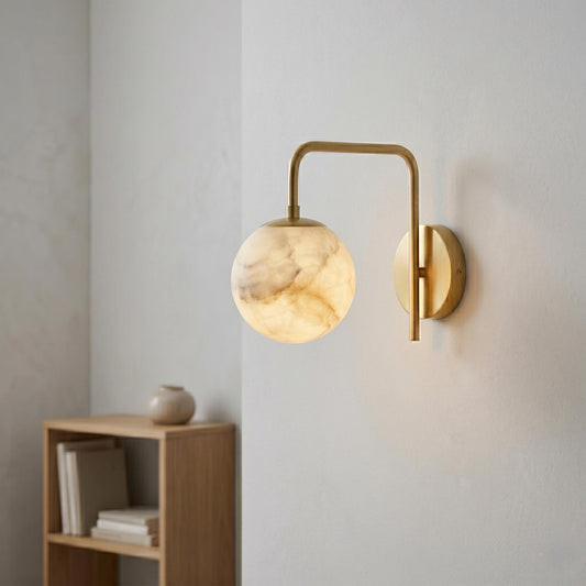 Alabaster Globe Wall Sconce, Brass Wall Light, Luxury Bathroom Vanity Light, Modern Stone Wall Fixture, Custom Finish