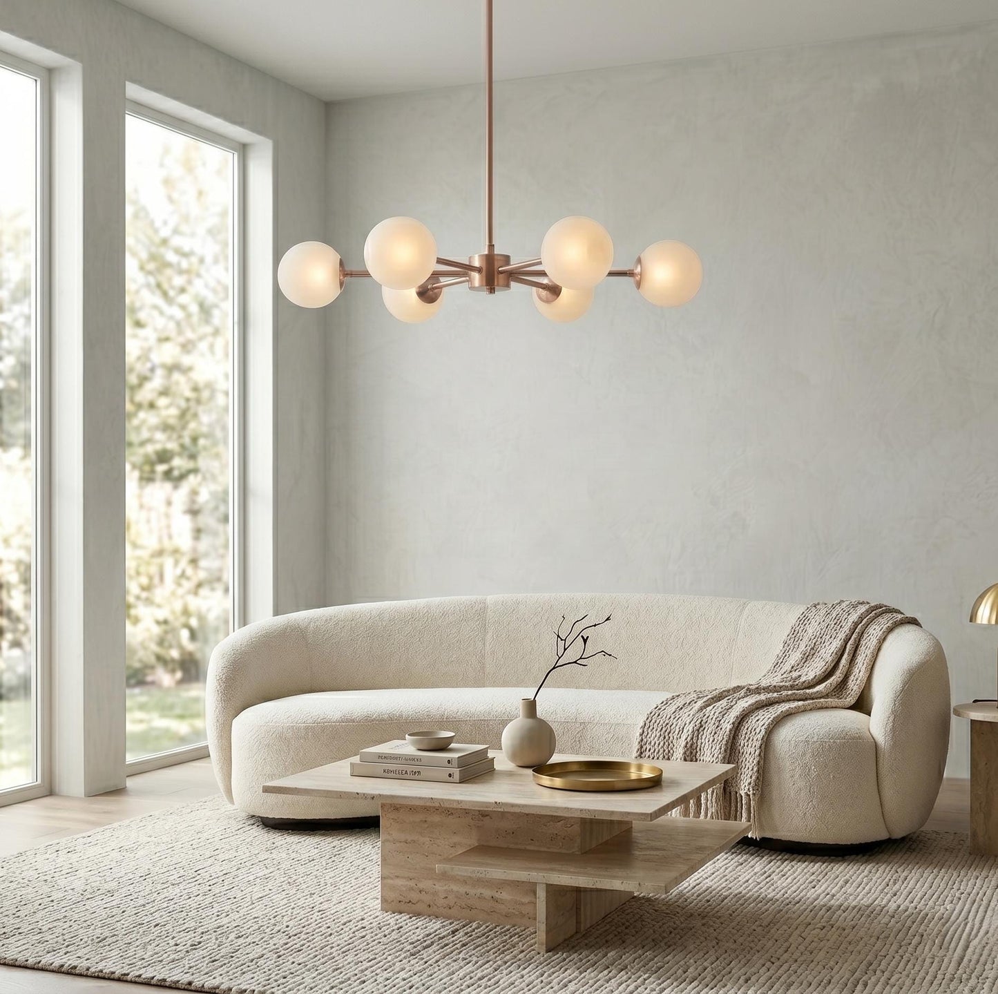 6 Light Globe Chandelier, Modern Brass Chandelier, Mid Century Ceiling Light, Frosted Globe Pendant, Dining Room Lighting