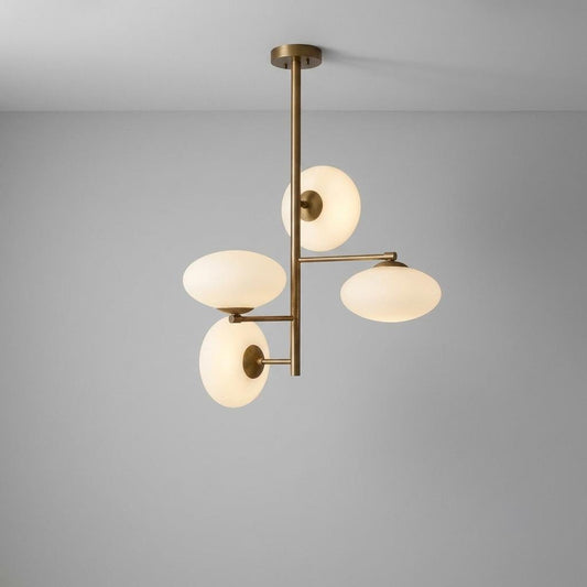 Modern Brass Opal Glass Chandelier, 4 Light Globe Pendant, Mid Century Ceiling Light, Contemporary Dining Room Fixture