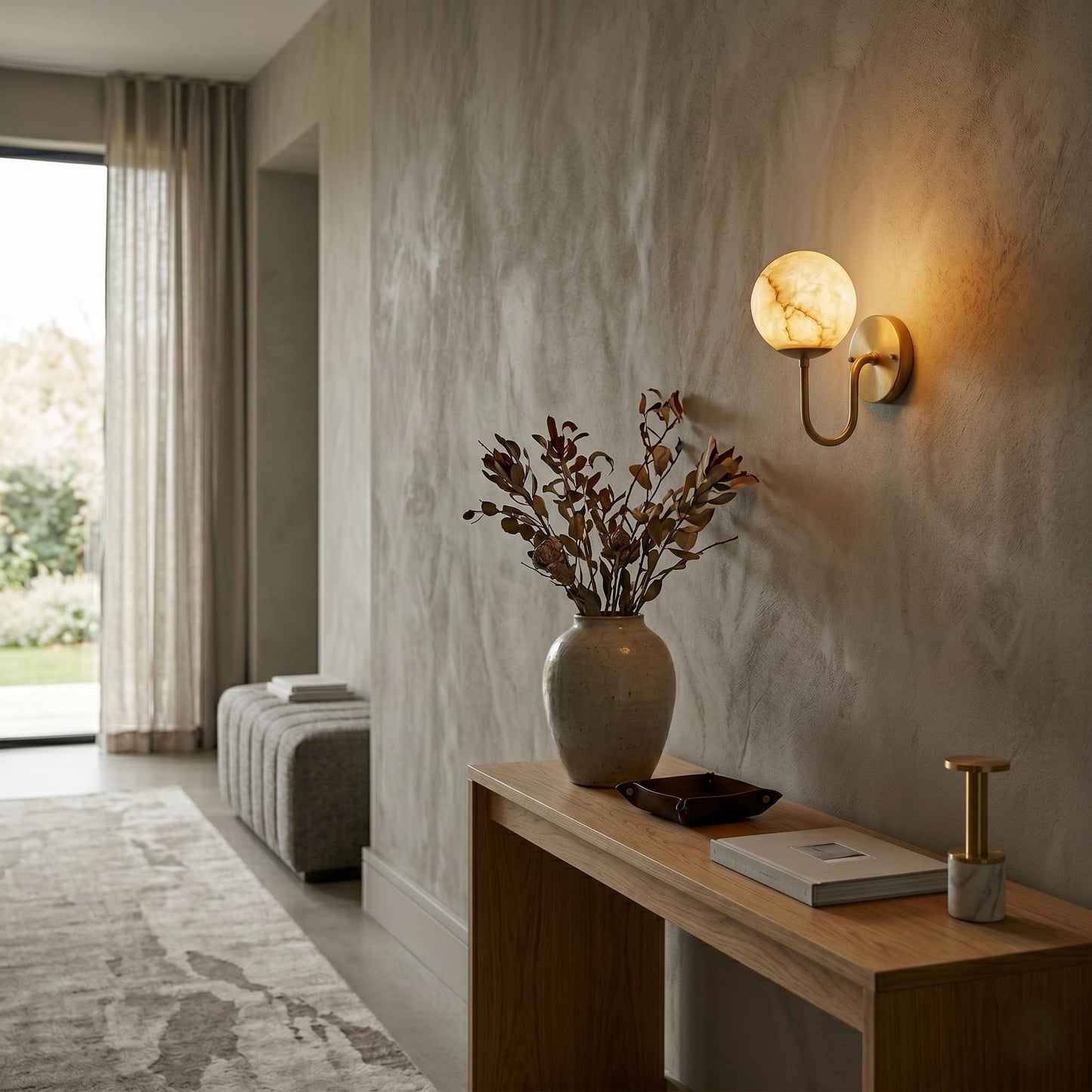Alabaster Globe Wall Sconce, Brass Wall Lamp, Modern Bathroom Vanity Light, Natural Stone Globe Light, Luxury Bedroom Wall Fixture