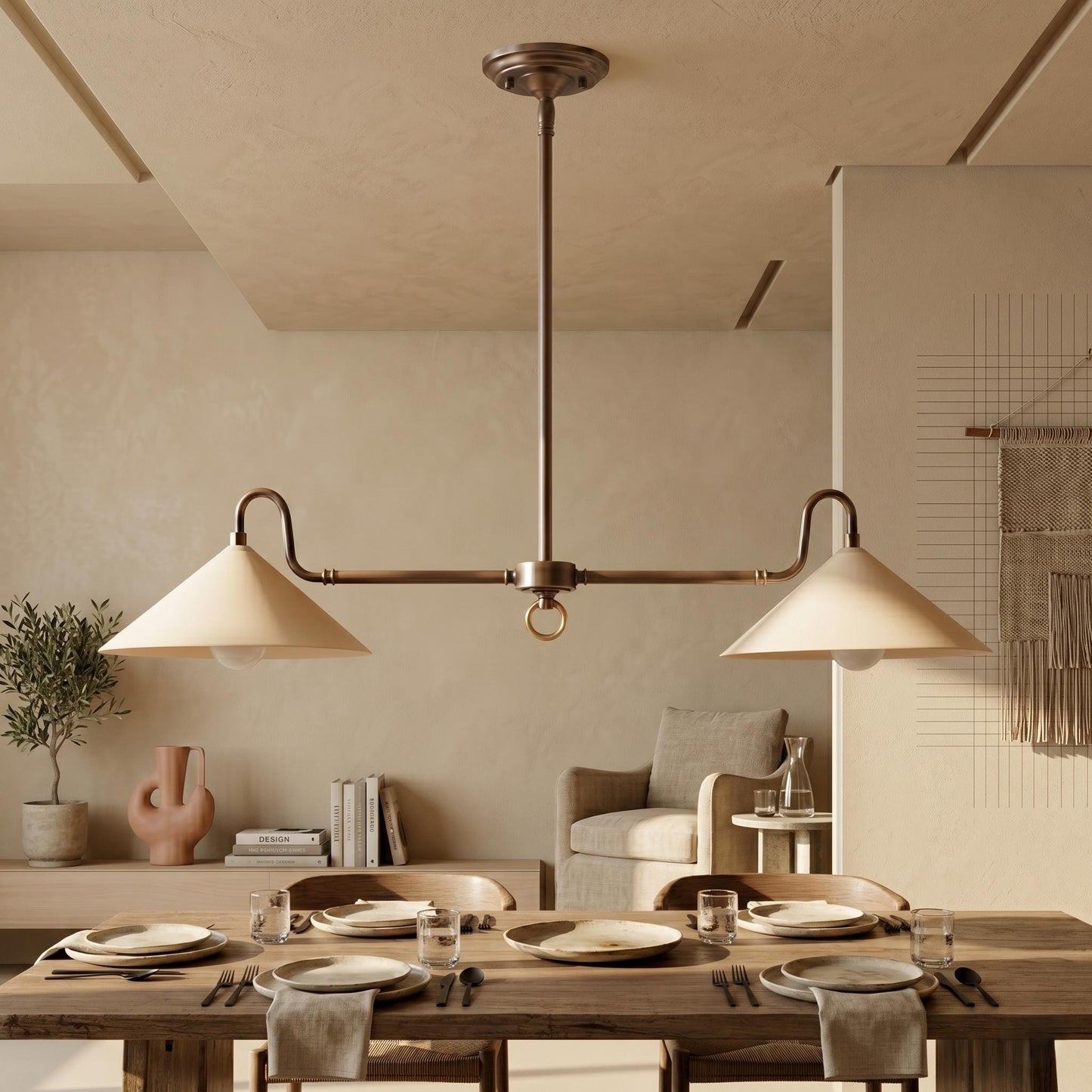 Dual Shade Brass Chandelier – Modern Linear Kitchen Island Lighting (Customizable Drop)