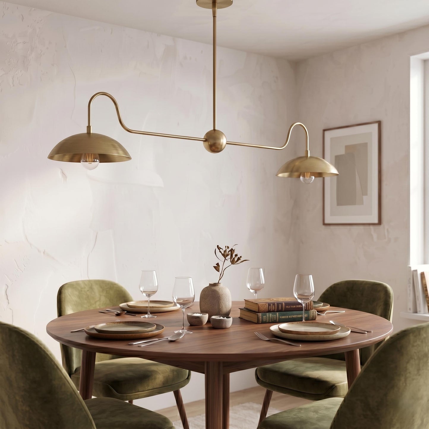 Solid Brass Linear Chandelier – Double Dome Pendant Light, Mid-Century Kitchen Island Fixture