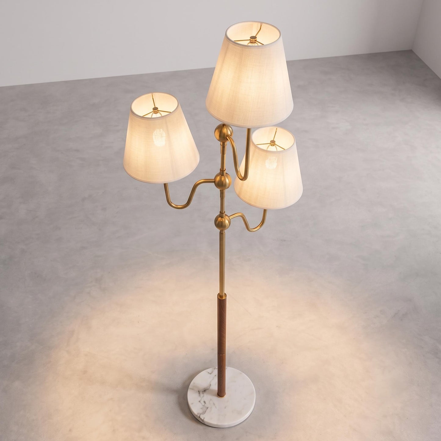 Modern Brass Floor Lamp, 3 Light Standing Lamp, Linen Shade Floor Light, Marble Base Floor Lamp, Leather Wrapped Floor Lamp, Luxury Living