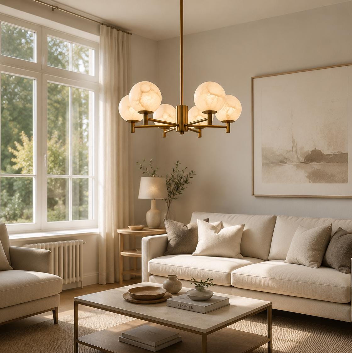 Alabaster Globe Chandelier, 6 Light Brass Ceiling Fixture, Modern Dining Room Lighting, Luxury Stone Chandelier