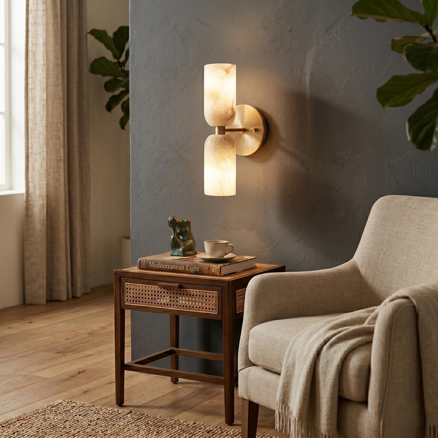 Alabaster Stone Double Cylinder Marble Sconce – Solid Brass Wall Light, Alabaster Shade Lamp