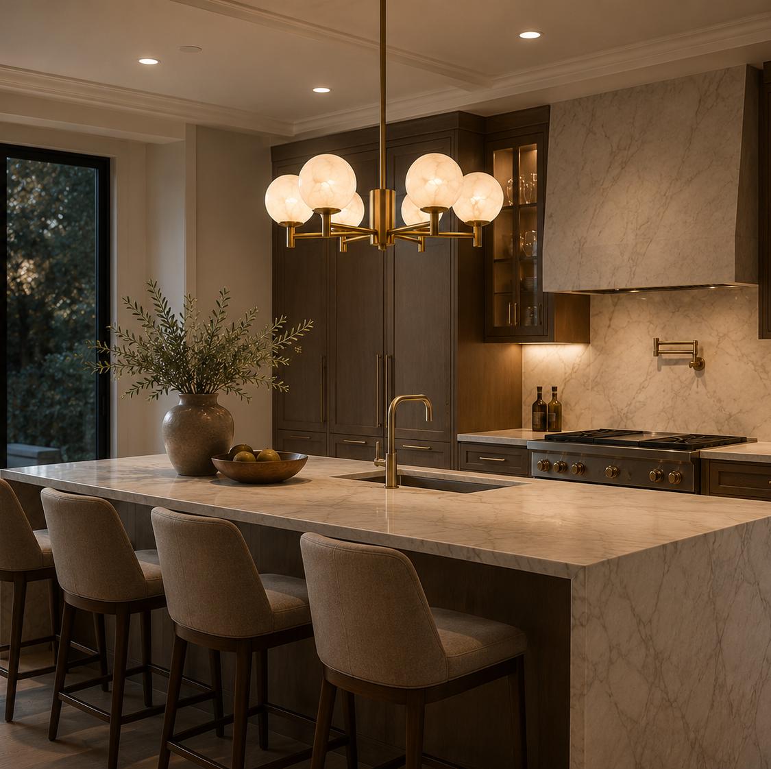 Alabaster Globe Chandelier, 6 Light Brass Ceiling Fixture, Modern Dining Room Lighting, Luxury Stone Chandelier