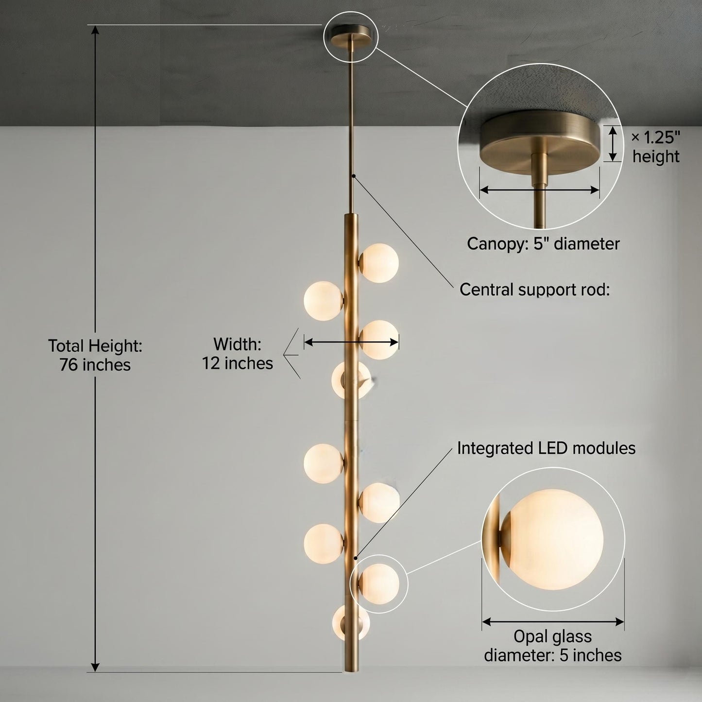 Luxury Brass Globe Chandelier | 76" Vertical Pendant Light, Opal Glass Globes