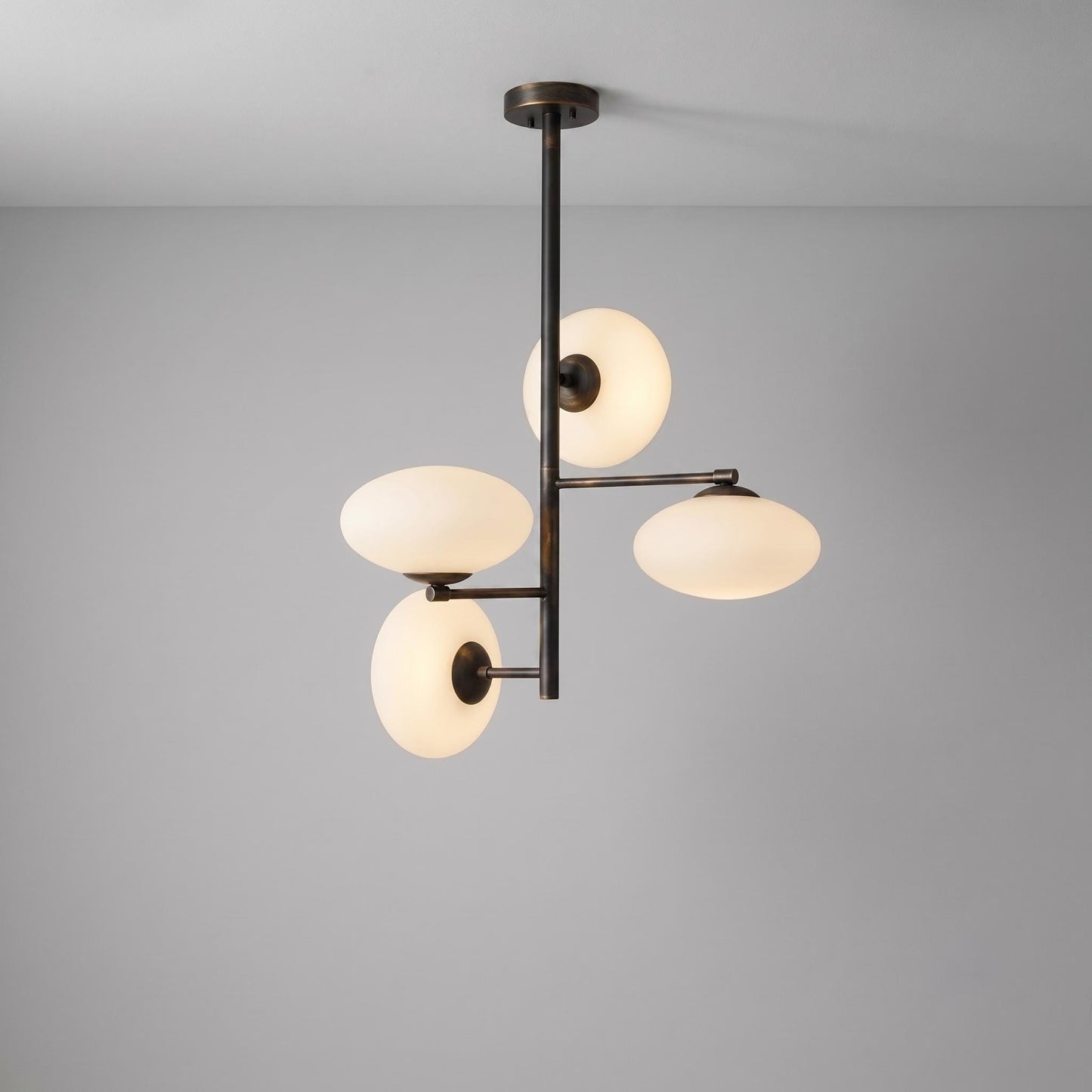 Modern Brass Opal Glass Chandelier, 4 Light Globe Pendant, Mid Century Ceiling Light, Contemporary Dining Room Fixture