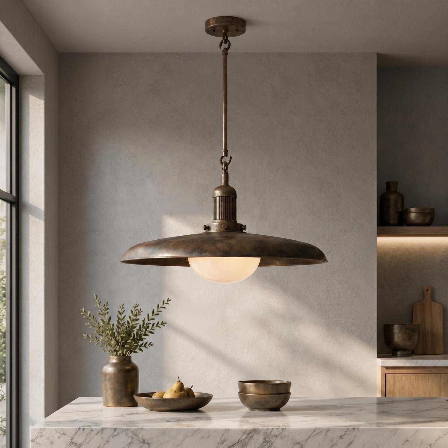 Antique Brass Pendant Light | Mid Century Drop Lamp | Brass Kitchen Island Hanging Light | Modern Dome Ceiling Pendant | Custom Drop Height