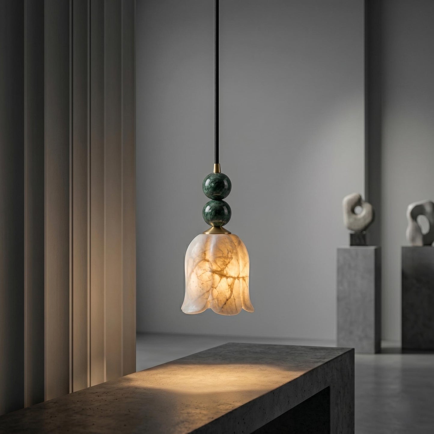 Alabaster Pendant Light, Brass Hanging Lamp, Stone Beaded Pendant, Luxury Kitchen Island Lighting, Custom Fixture
