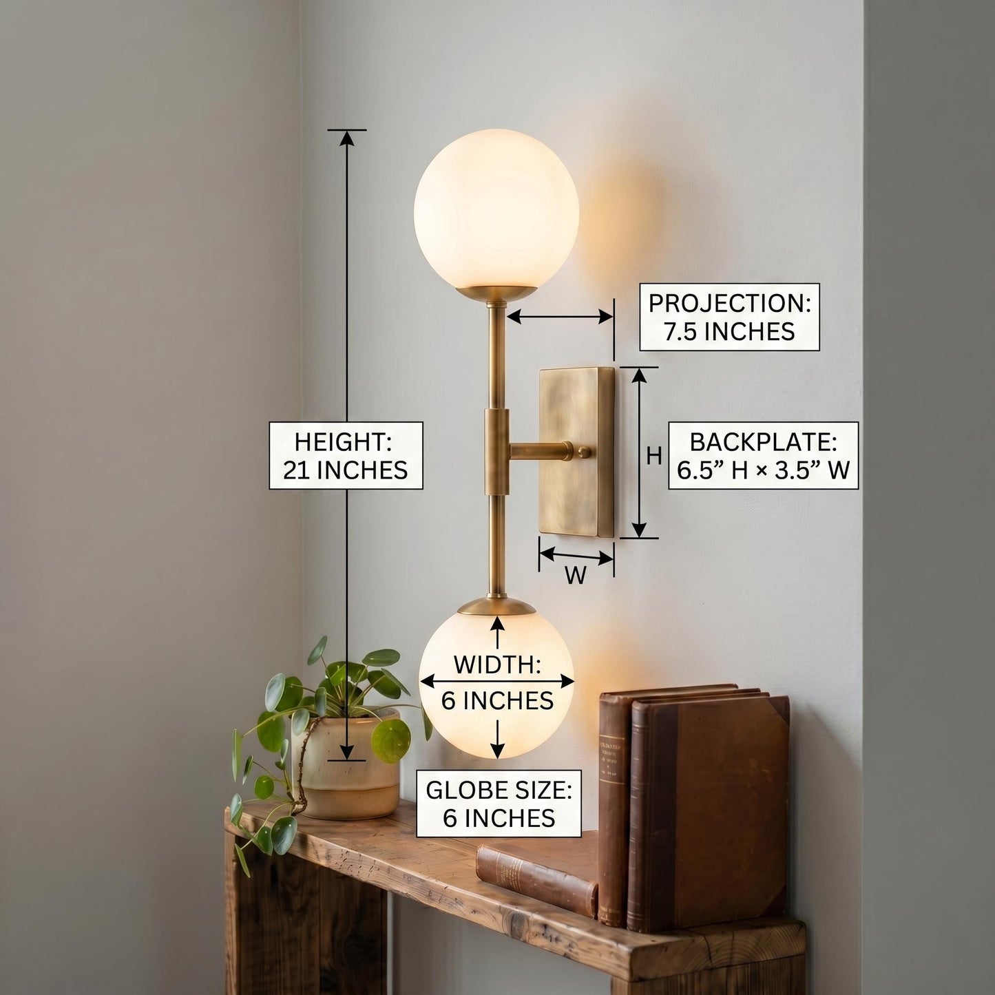 Minimal Brass Double Globe Sconce, Vertical Mid Century Wall Lamp, Luxury Lighting