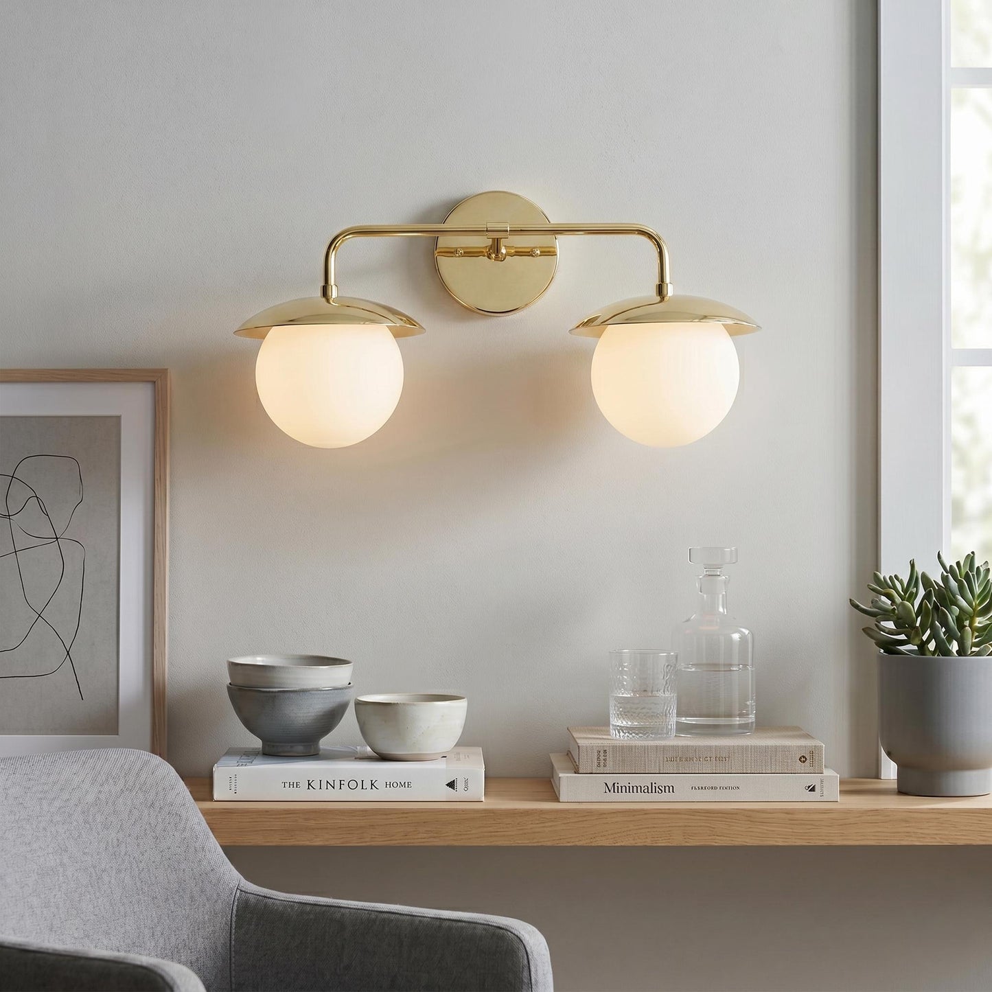 Brass Double Globe Wall Sconce – 22 Inches Mid Century Frosted Glass Lamp – Vanity Lighting