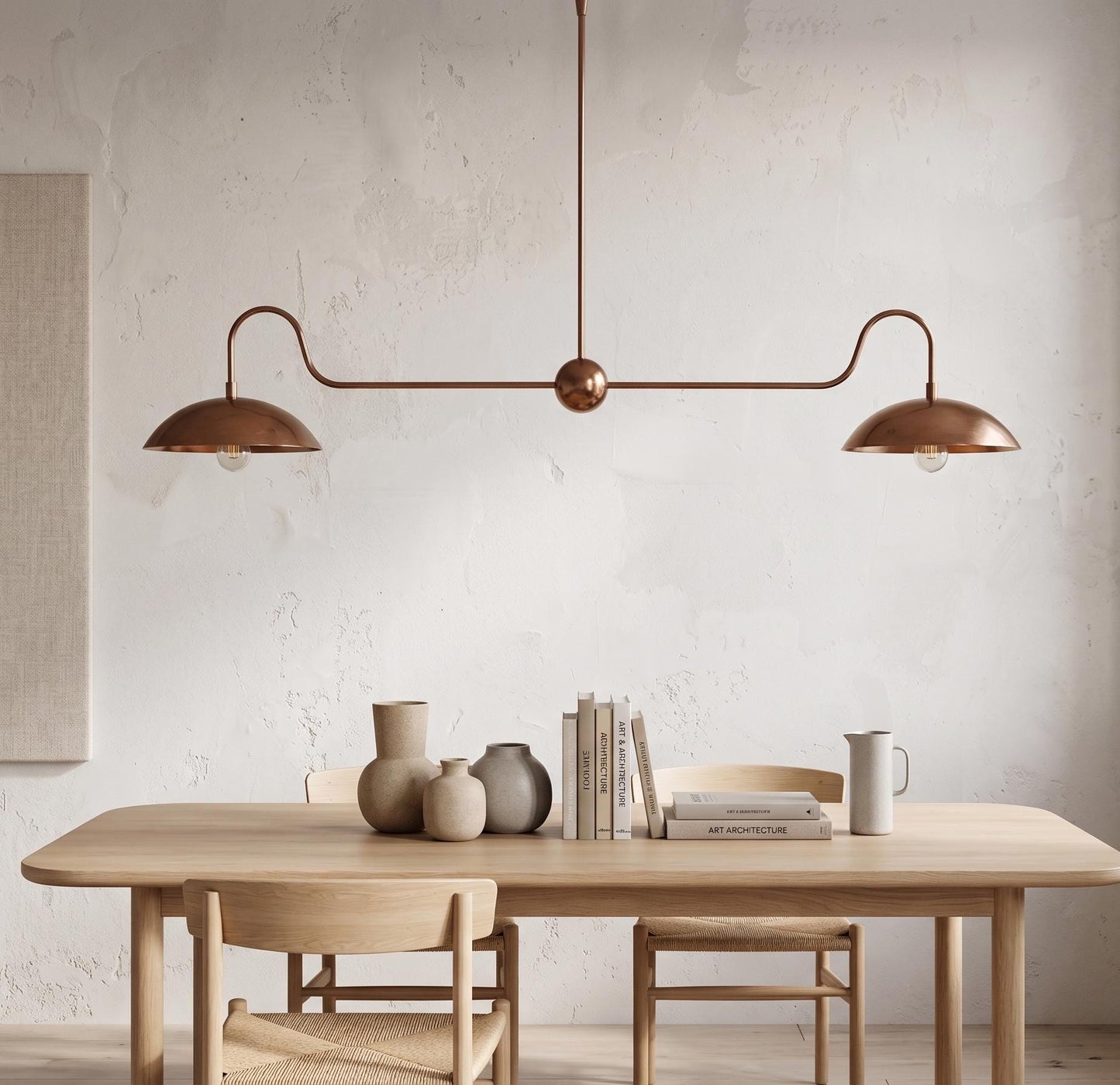Solid Brass Linear Chandelier – Double Dome Pendant Light, Mid-Century Kitchen Island Fixture