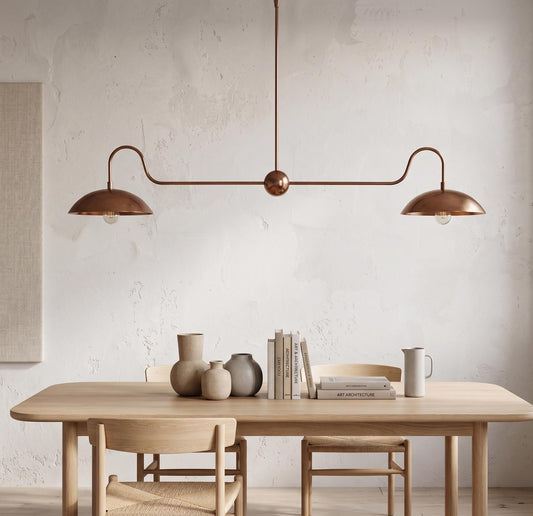 Solid Brass Linear Chandelier – Double Dome Pendant Light, Mid-Century Kitchen Island Fixture
