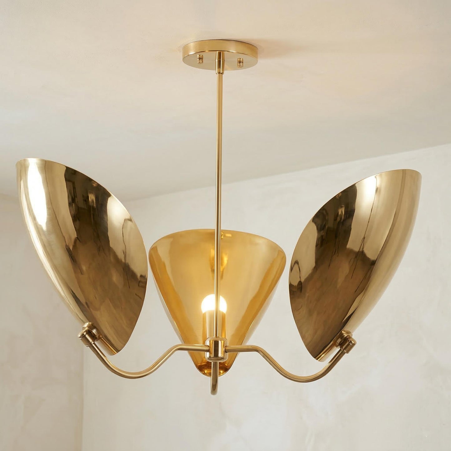 Mid Century Lily Chandelier – 3 Light Brass Petal Fixture, 32" Statement Pendant Lamp
