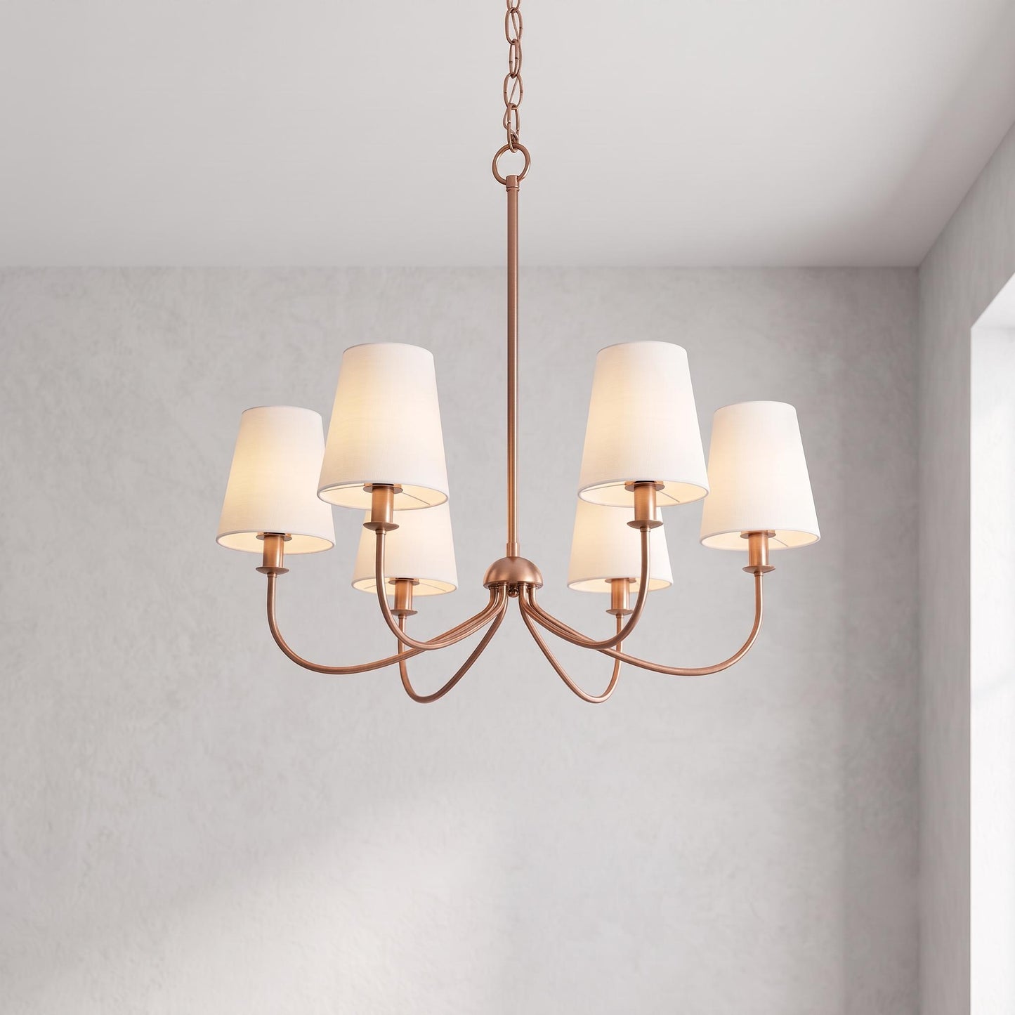 Modern Brass 6-Light Chandelier, Mid Century Pendant Light, White Fabric Shade Ceiling Light, Dining Room Kitchen Island Lighting