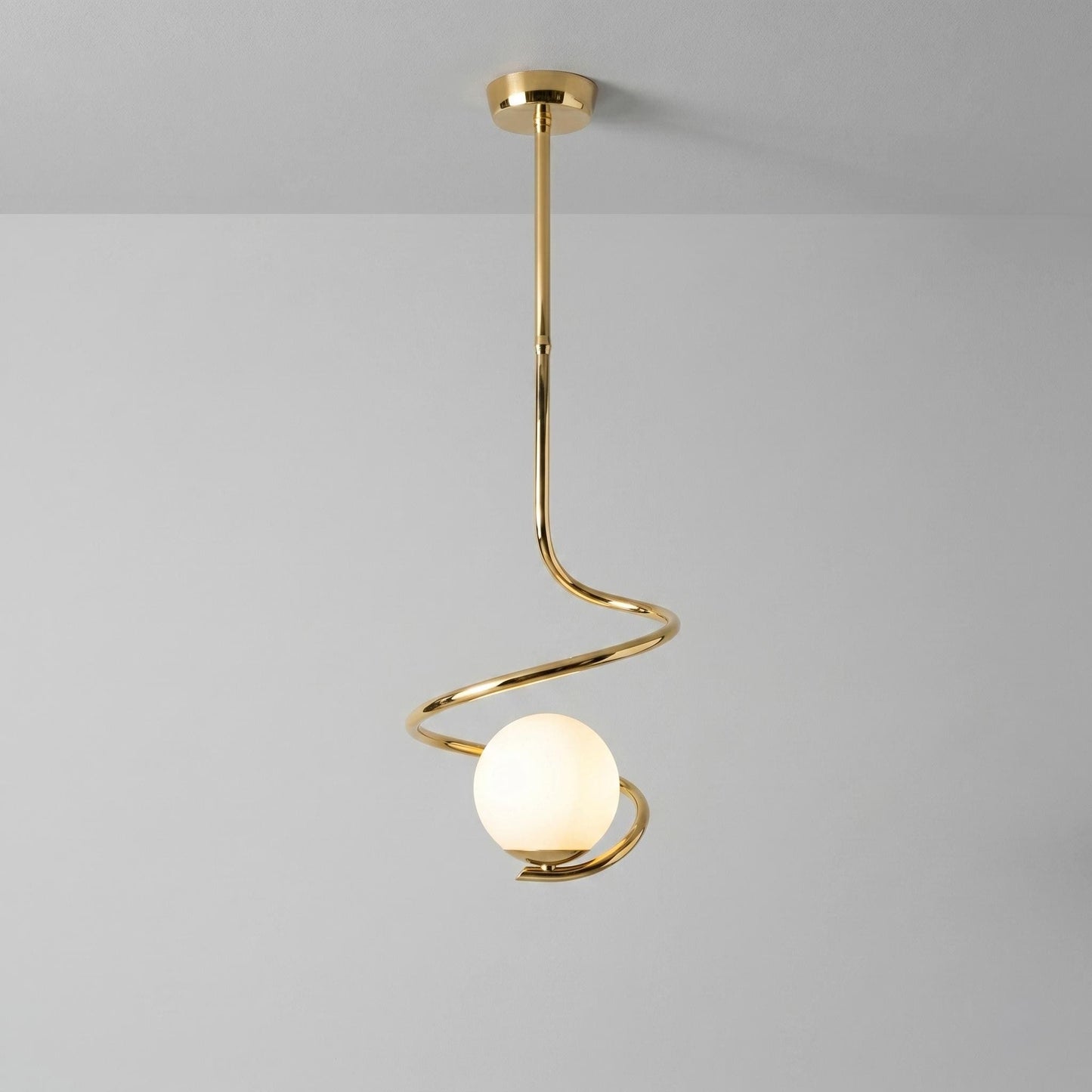 Sculptural Spiral Brass Pendant Light – 6” Opal Globe Chandelier, Minimalist Ceiling Lamp
