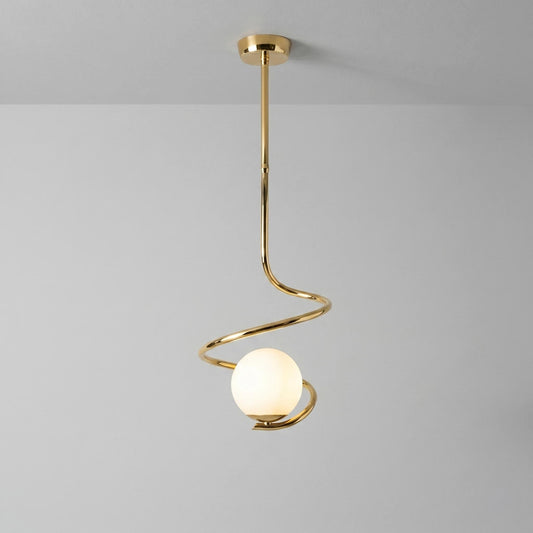 Sculptural Spiral Brass Pendant Light – 6” Opal Globe Chandelier, Minimalist Ceiling Lamp