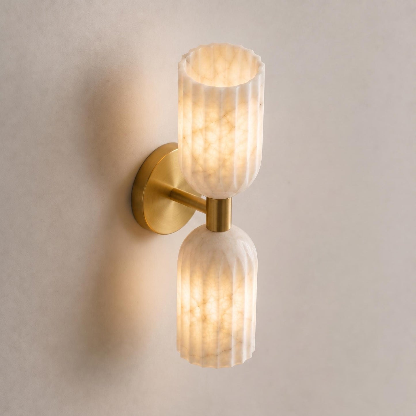 Fluted Alabaster Wall Sconce, Brass Double Light Wall Lamp, Modern Bathroom Vanity Light, Luxury Natural Stone Lighting Fixture