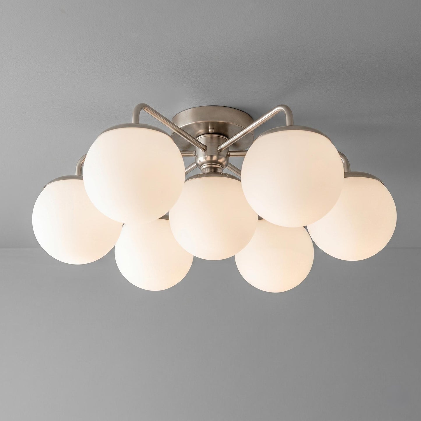 Modern Brass Globe Chandelier, 7 Light Ceiling Fixture, White Glass Orb Chandelier, Mid Century Modern Lighting, Dining Room Light