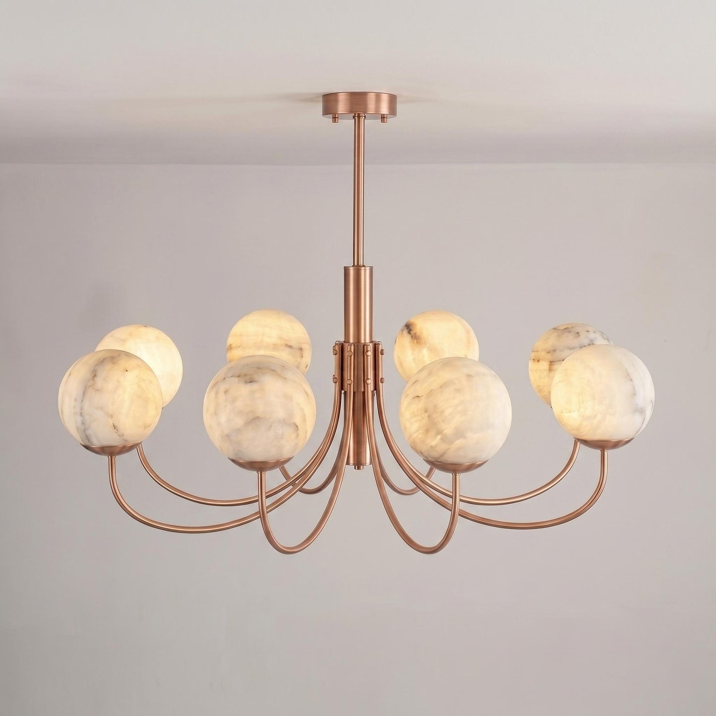 Natural Alabaster Globe Chandelier | 8 Light Brass Chandelier | Custom Finish Ceiling Light | Luxury Dining Room Lighting