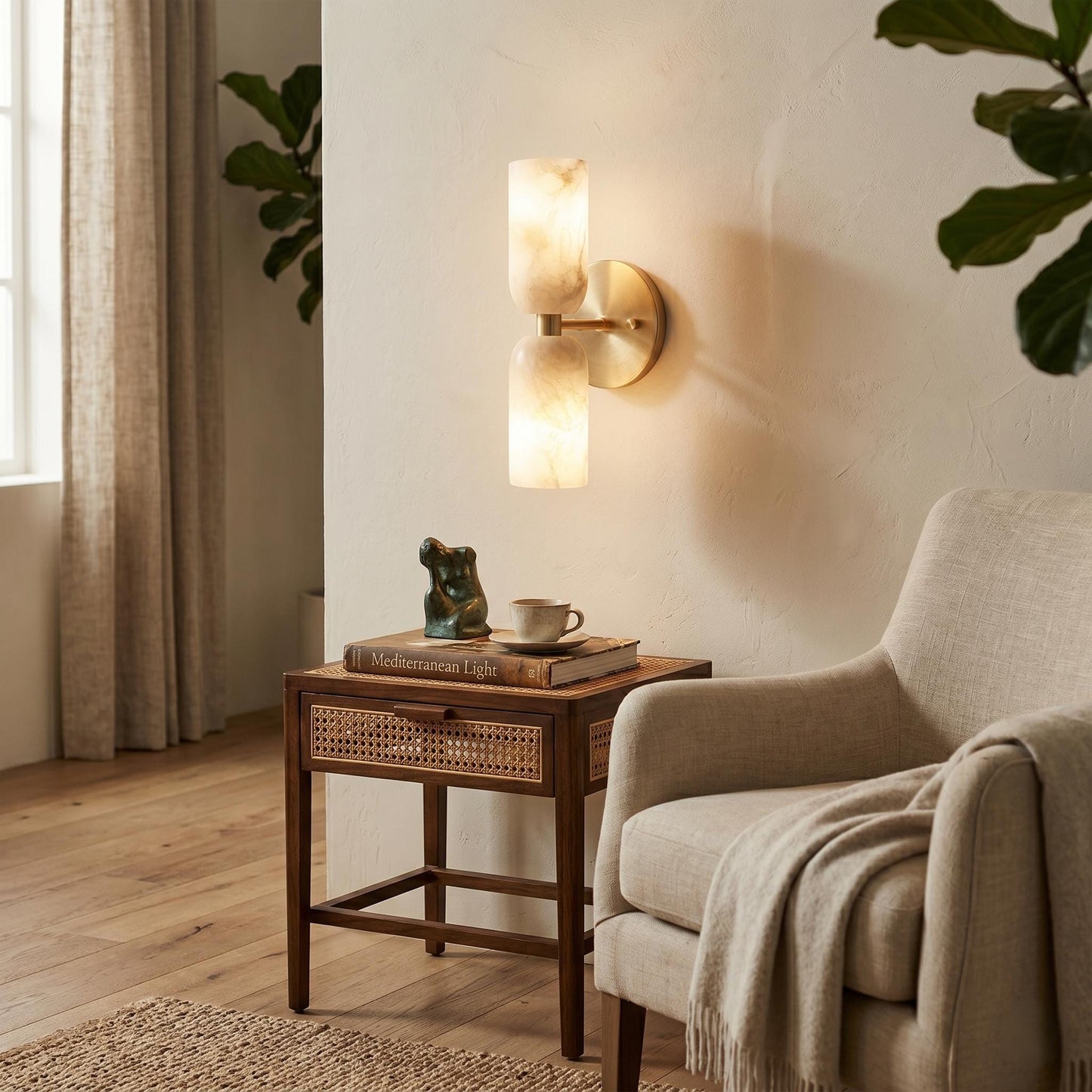 Alabaster Stone Double Cylinder Marble Sconce – Solid Brass Wall Light, Alabaster Shade Lamp