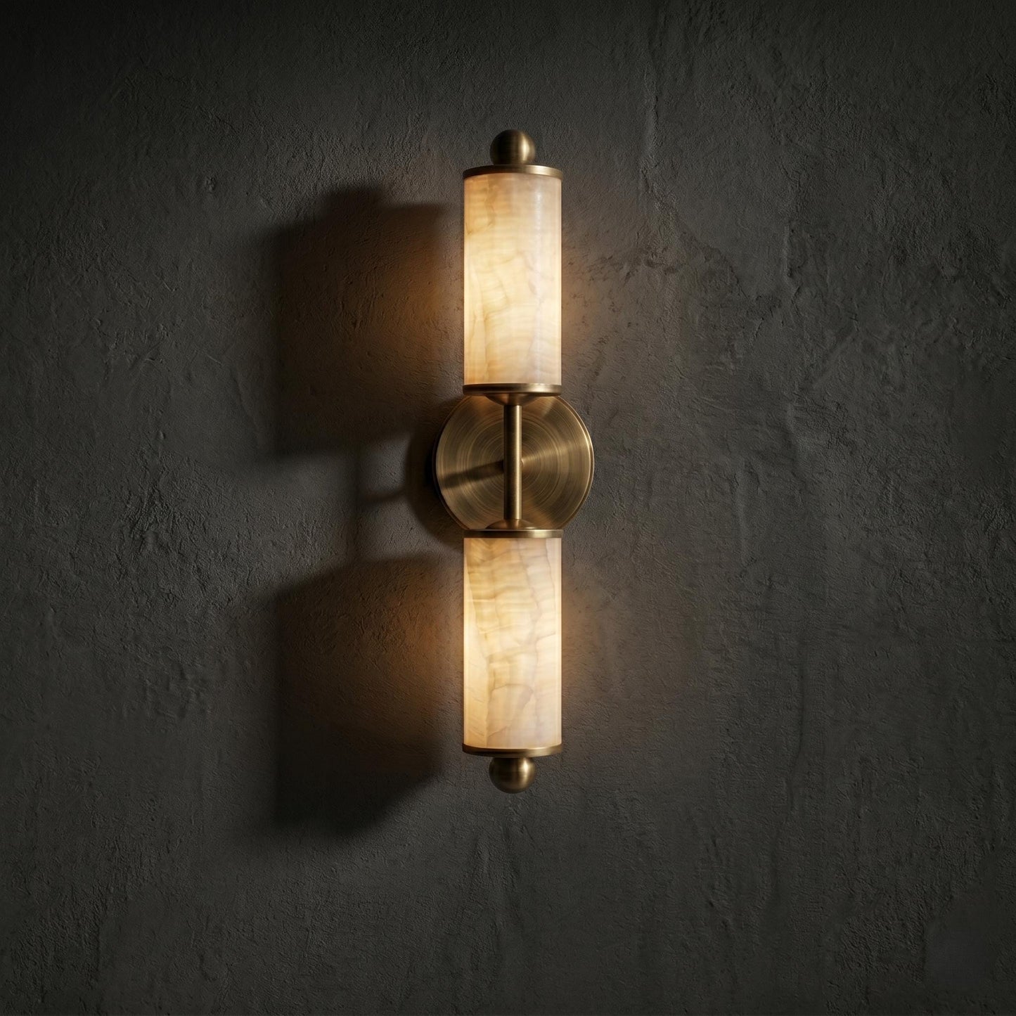 Natural Alabaster Wall Sconce, Brass Wall Light, Double Cylinder Sconce, Luxury Bathroom Vanity Light, Custom Finish Fixture