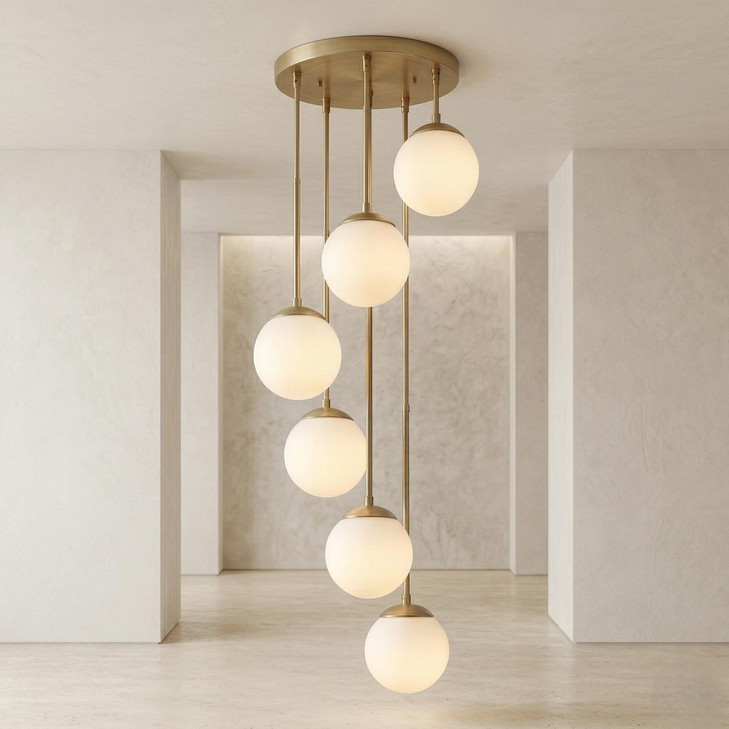 Modern Brass Globe Chandelier | Multi Drop Pendant Staircase Light