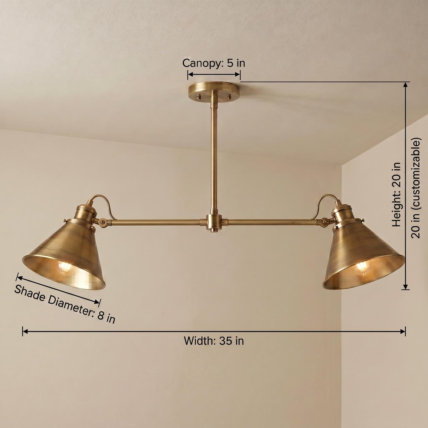 Brass Linear Chandelier – 35" Industrial Style Pendant Light – Modern Farmhouse Kitchen Island Fixture