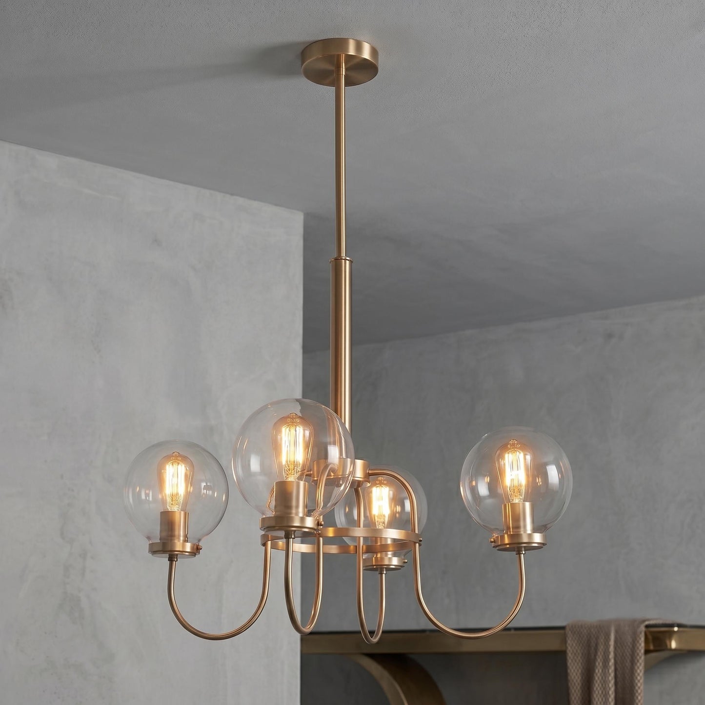 4 Light Globe Chandelier, Brass Ceiling Light, Modern Glass Globe Pendant, Vintage Chandelier, Dining Room Lighting, Mid Century Fixture
