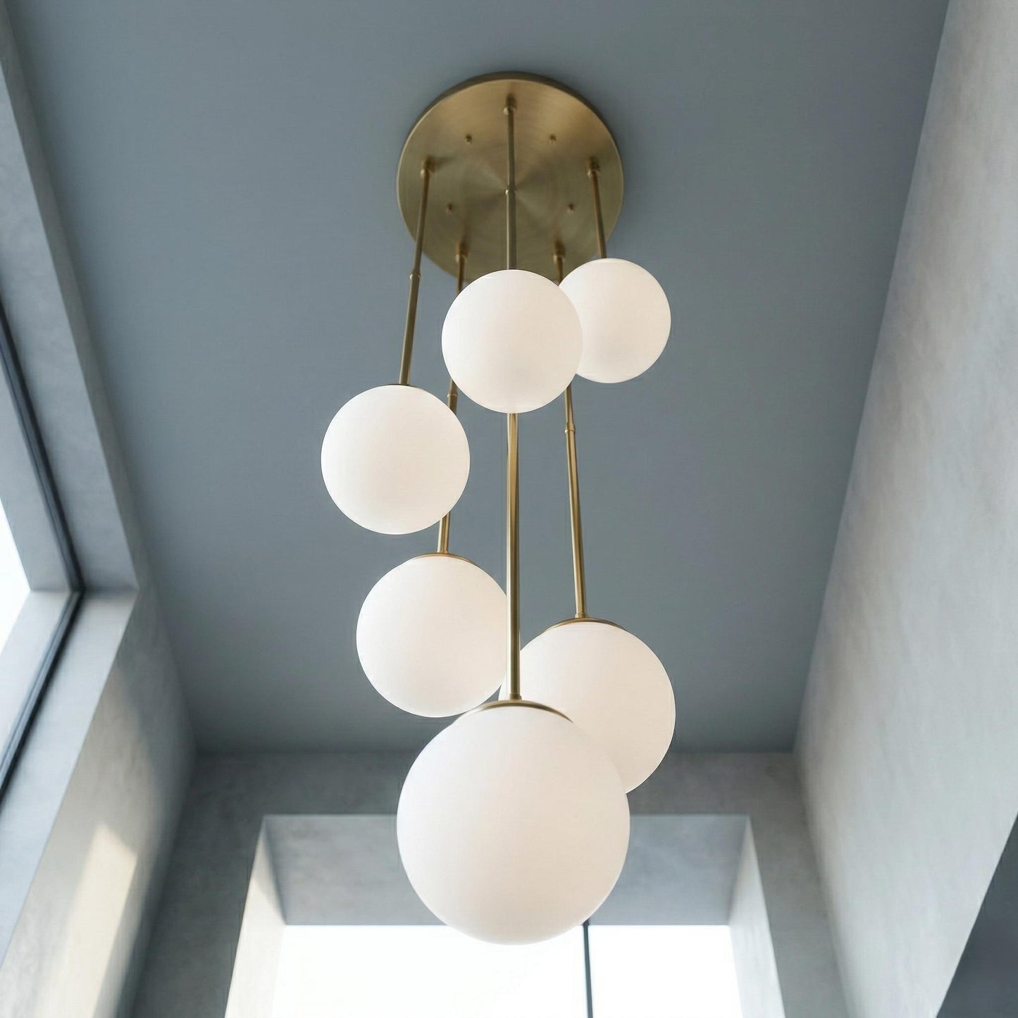 Modern Brass Globe Chandelier | Multi Drop Pendant Staircase Light