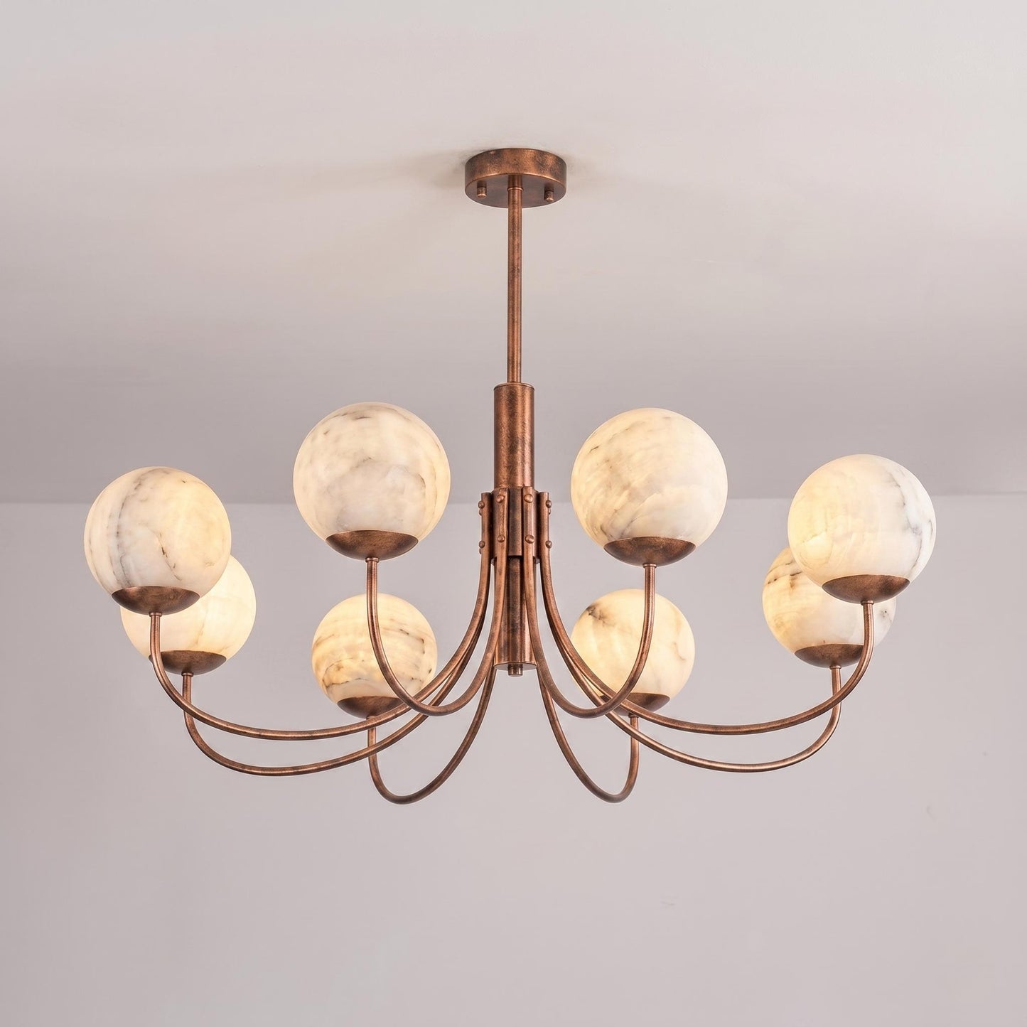 Natural Alabaster Globe Chandelier | 8 Light Brass Chandelier | Custom Finish Ceiling Light | Luxury Dining Room Lighting