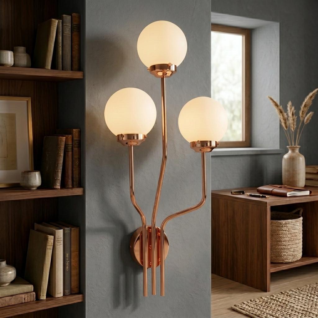 Vertical Brass Sconce – Frosted Glass Globe Wall Lamp – Mid Century Modern Lighting