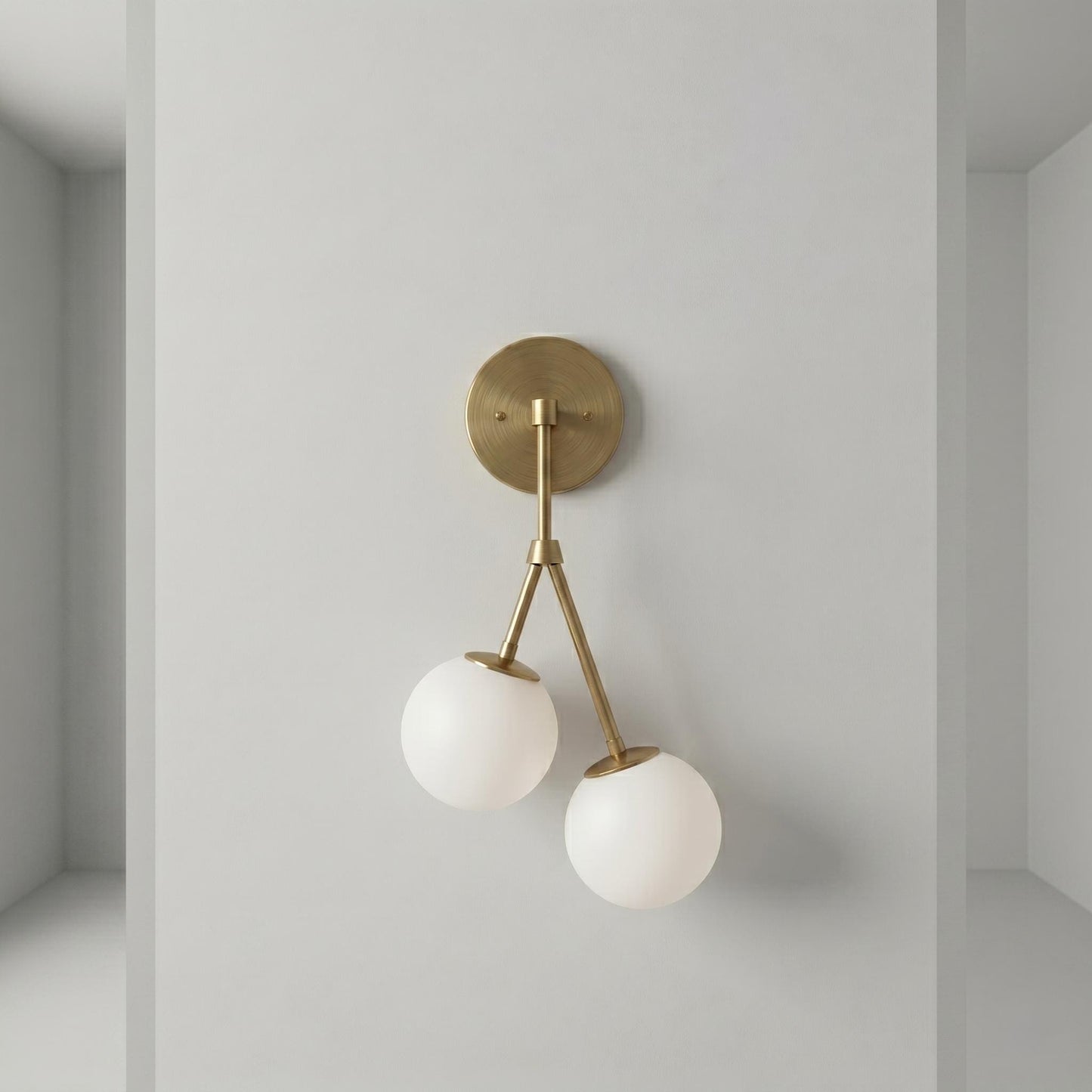 Brass Double Globe Sconce, Mid Century Frosted Glass Wall Light, 5 Inch Globe Fixture