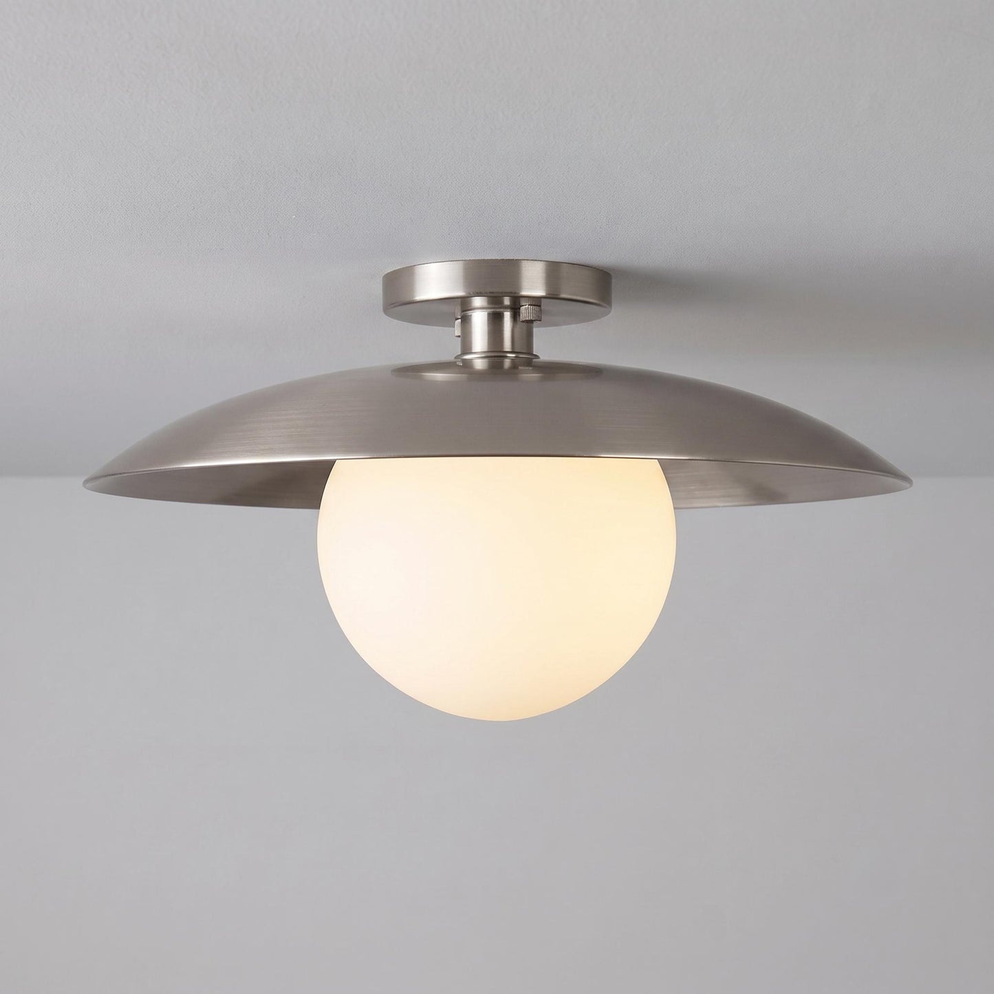 Modern Brass Flush Mount Ceiling Light for Sloped Ceilings, Opal Glass Globe, 12 Inch Shade, 6 Inch Globe, Custom Brass Ceiling Fixture
