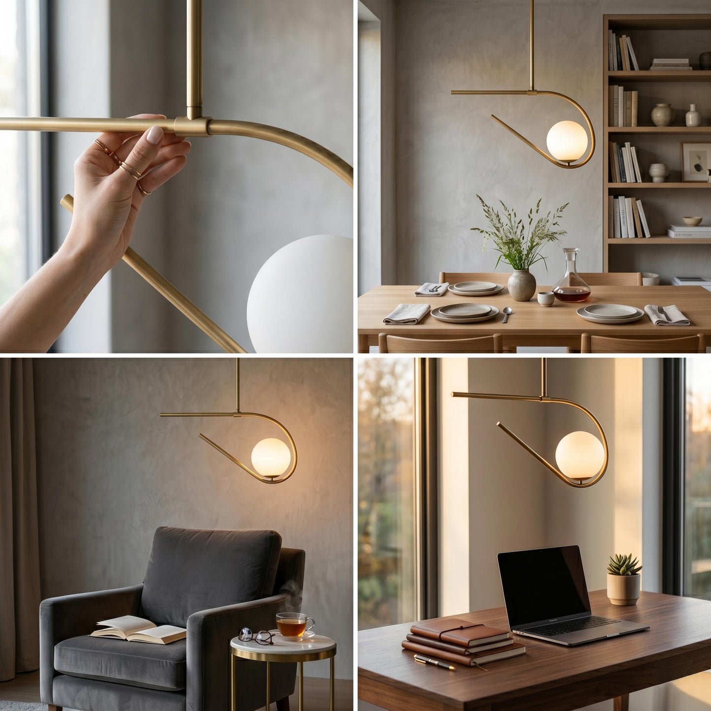 Sculptural Brass Chandelier – 6” Opal Globe Ceiling Light – Minimalist Artistic Pendant – Luxury Statement Lighting Fixture