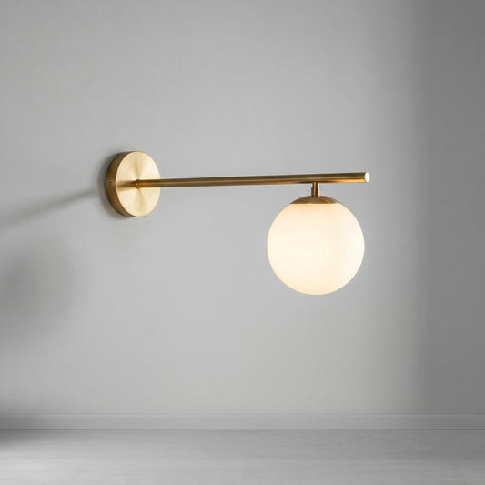 Brass Globe Wall Light – Mid Century Sconce – 6" Opal Glass – Bathroom Vanity Bedside Lighting
