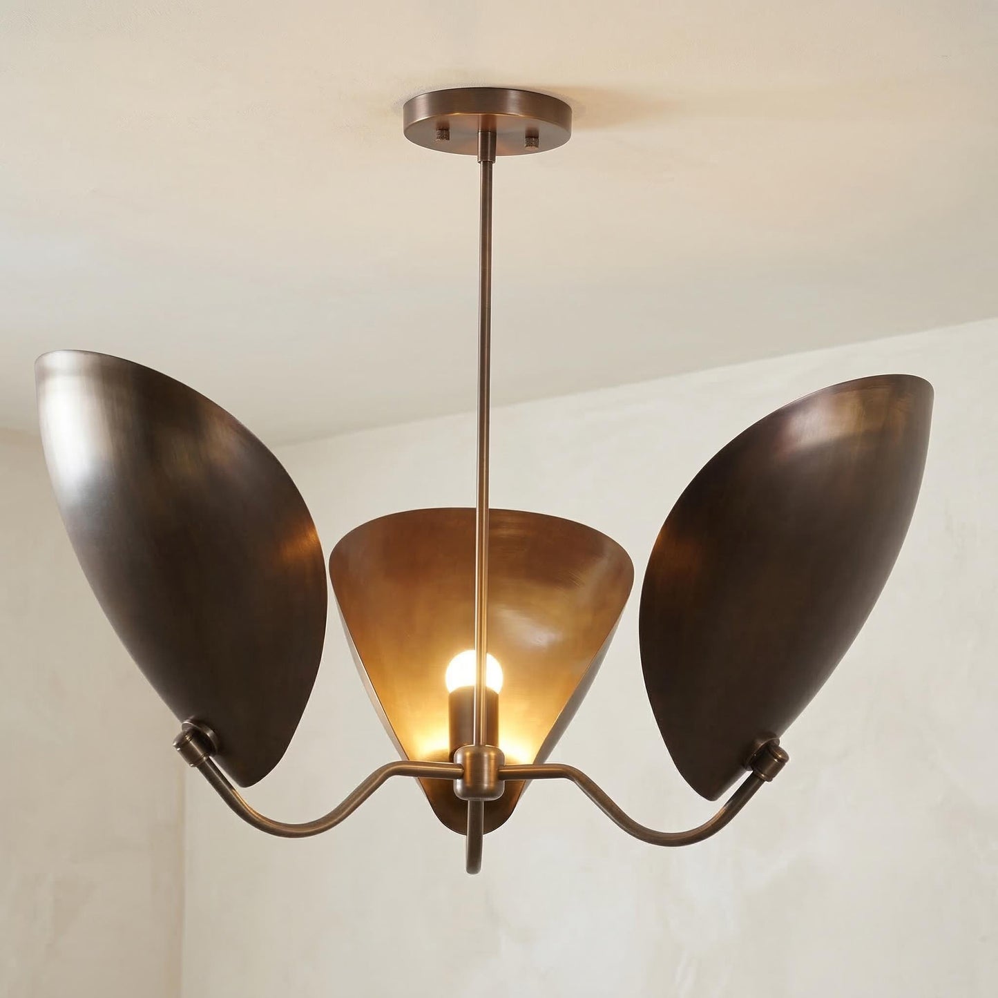 Mid Century Lily Chandelier – 3 Light Brass Petal Fixture, 32" Statement Pendant Lamp